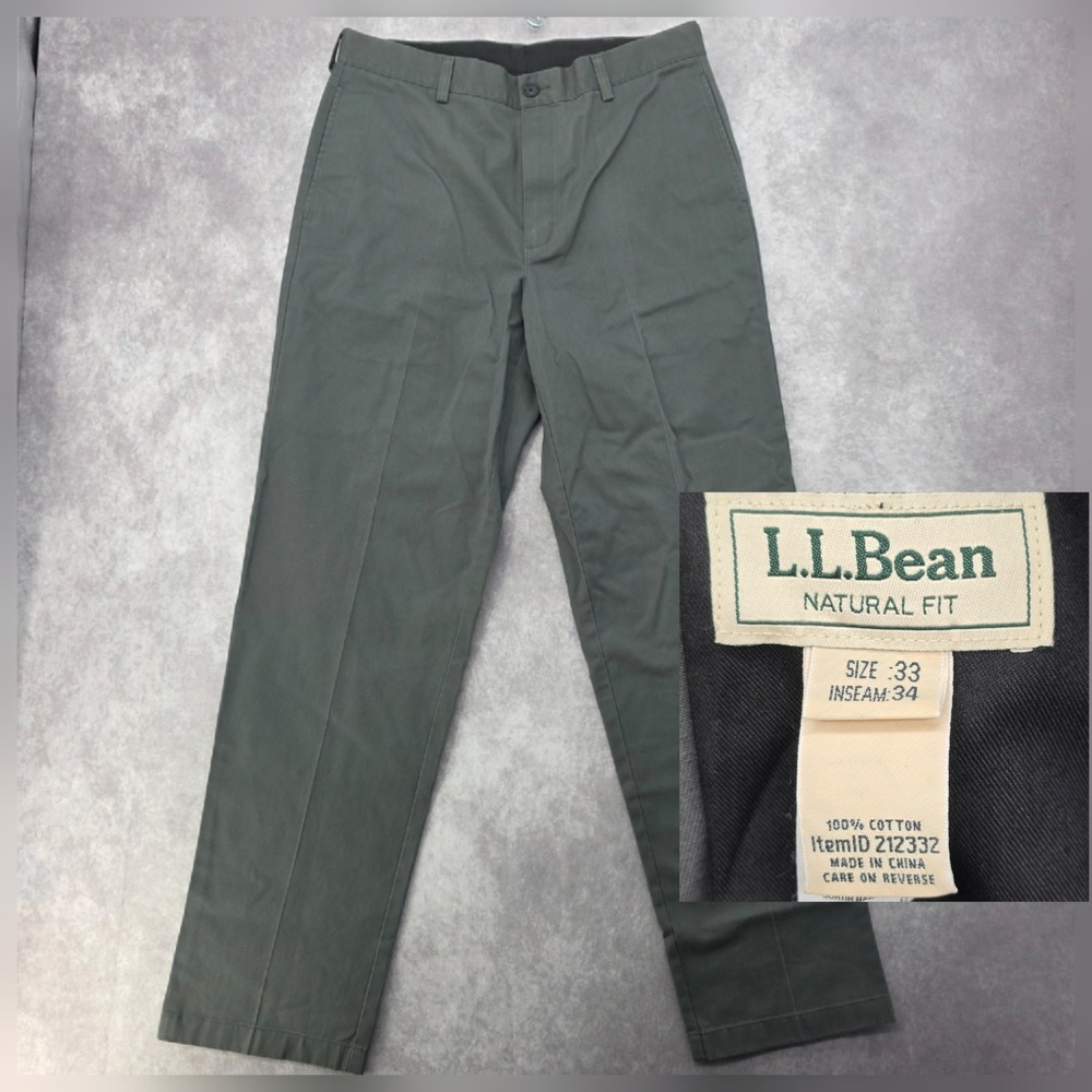 LL Bean Natural Fit Chinos Mens 33x34 Dark Green Cotton Twill Pants Fits 34x34